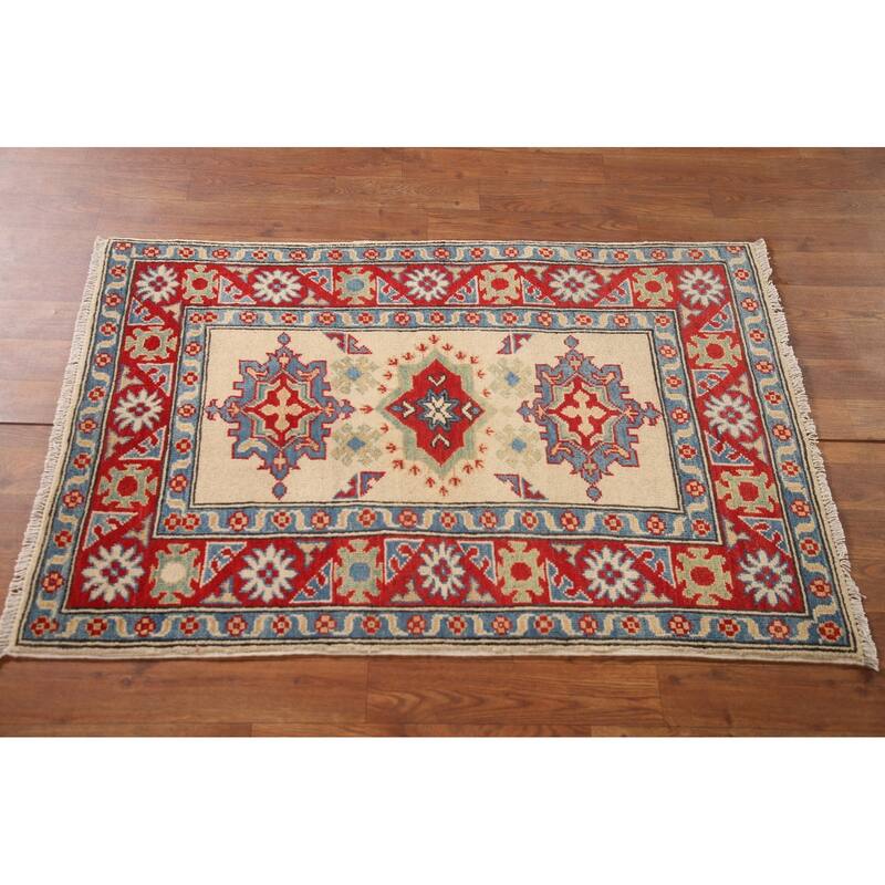 Geometric Grey Kazak Foyer Rug Hand-Knotted Wool Carpet - 2'6" x 3'11"