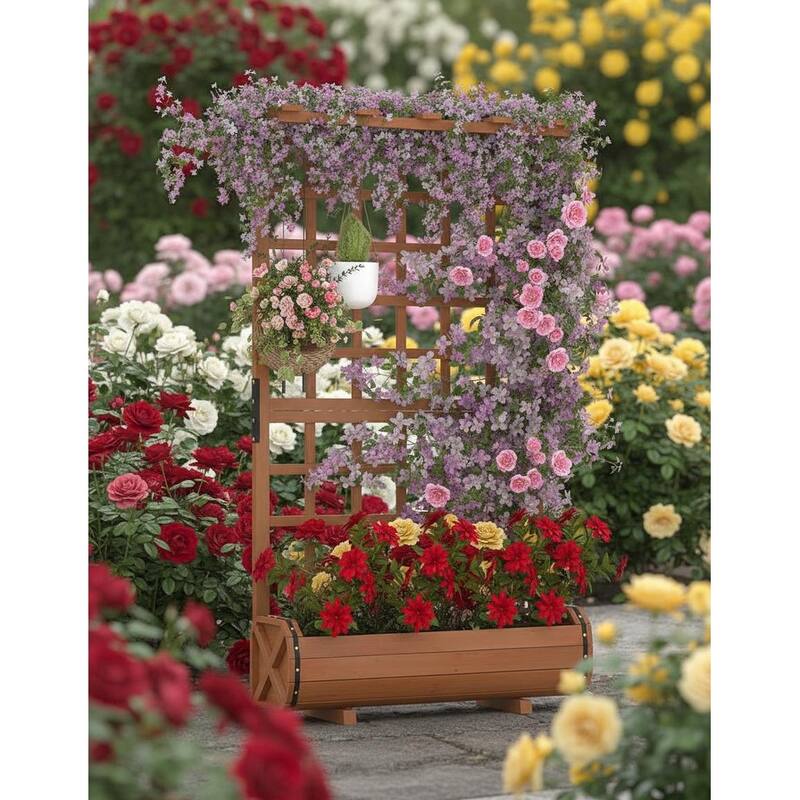 67" Large Raised Garden Bed, with Trellis, Roof and Drainage Holes - Wood