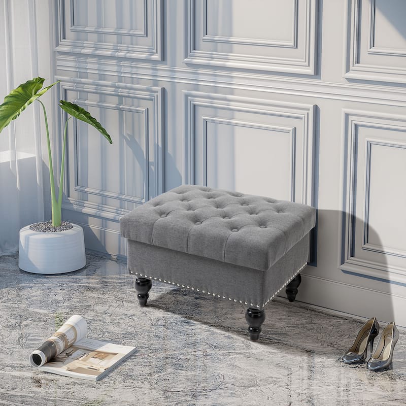 Multi-Functional Storage Ottoman with Rubberwood Legs and Tufted Lid for Bedroom or Living Room - Grey