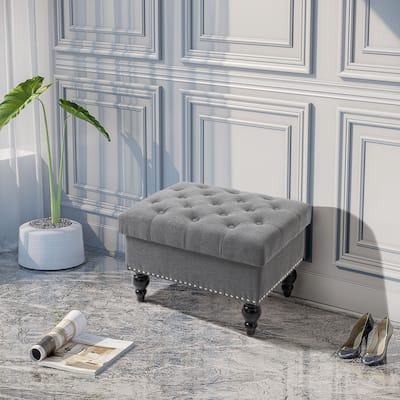 Multi-Functional Storage Ottoman with Rubberwood Legs and Tufted Lid for Bedroom or Living Room