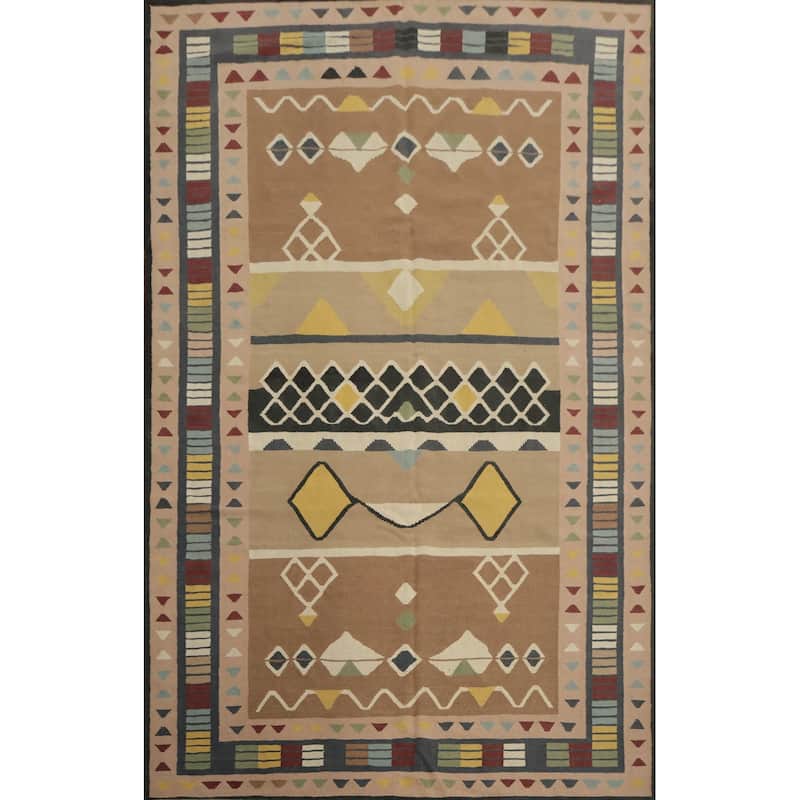 Hand Woven Oriental 100% Wool Carpet Southwestern Tribal Brown Kilim Area Rug - 11' 10'' X 8' 2''