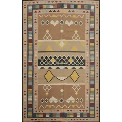 Hand Woven Oriental 100% Wool Carpet Southwestern Tribal Brown Kilim Area Rug - 11' 10'' X 8' 2''