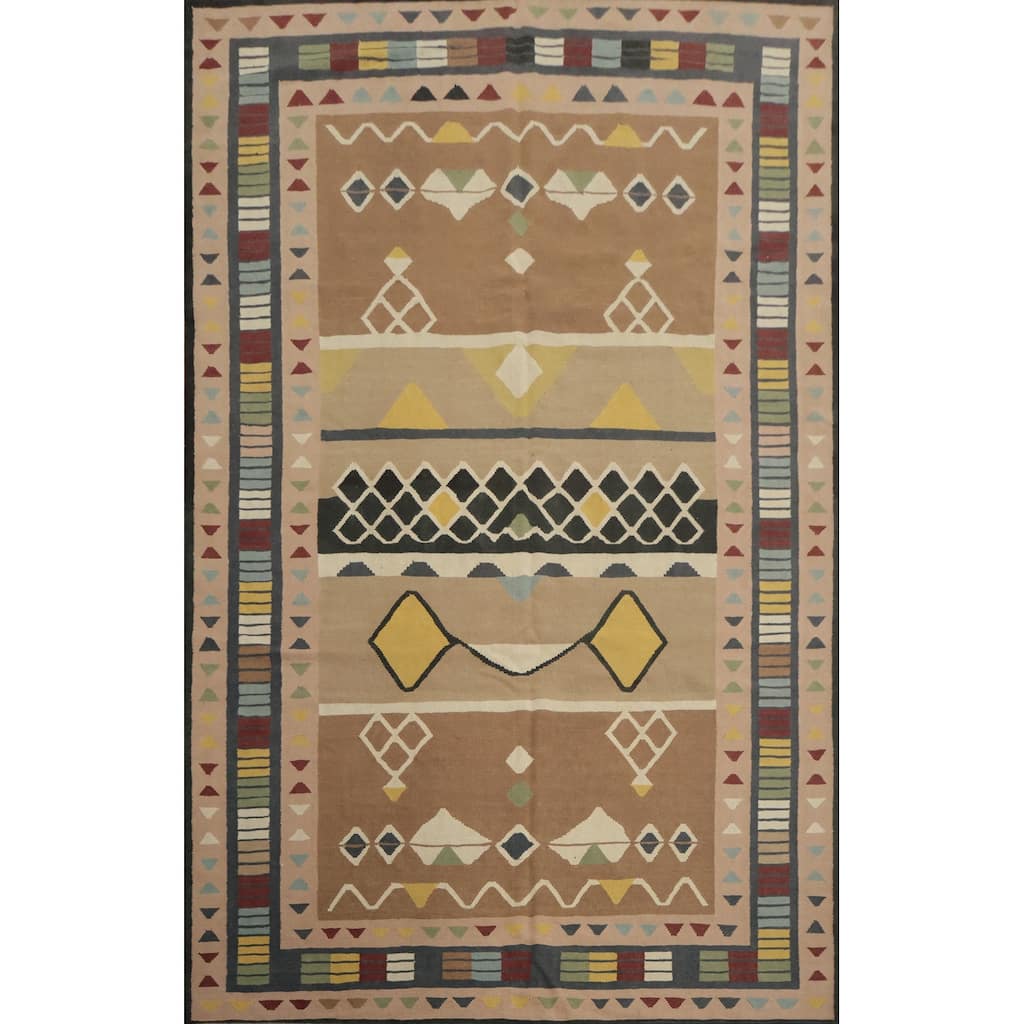 Hand Woven Oriental 100% Wool Carpet Southwestern Tribal Brown Kilim Area Rug - 11' 10'' X 8' 2''