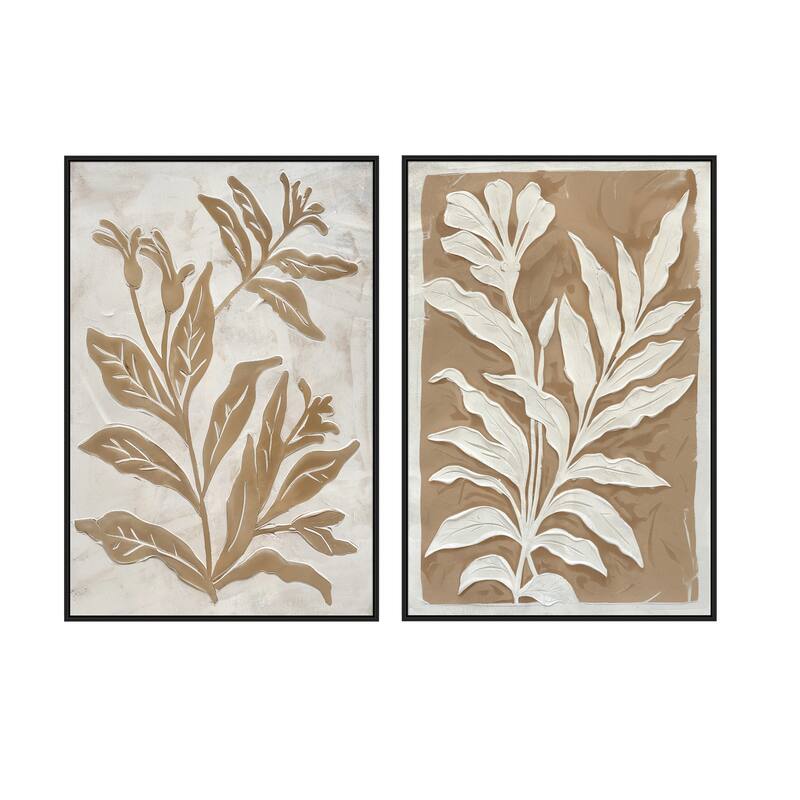23.6x35.4" Brown and White Minimalist Leaf Paintings with Black Frame, Set of 2