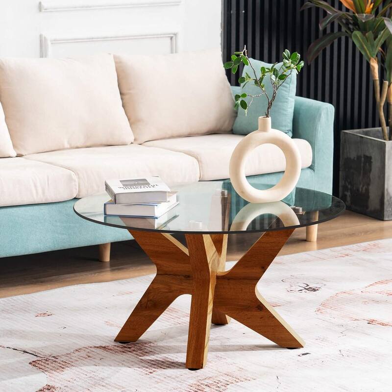 ivinta Round Glass Coffee Table, 31.5" Modern Small Center Table with Tempered Glass Top and MDF Legs - Clear Top - Bown