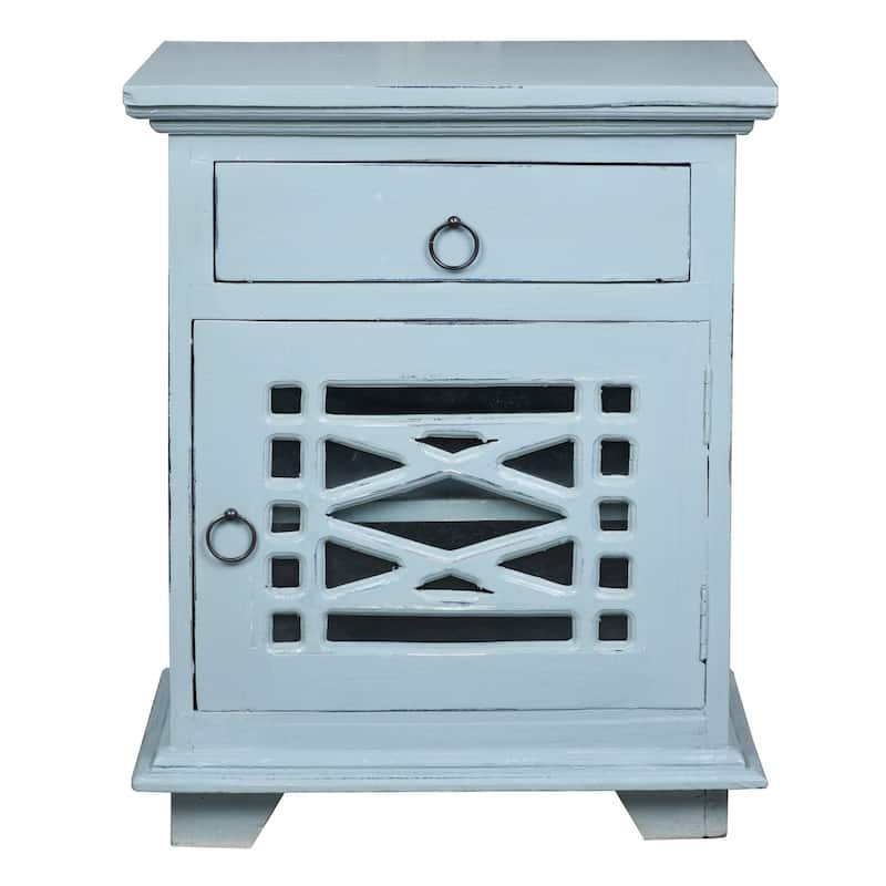 Solid Wood Side Table - Nightstand Accent Cabinet - Fully Assembled - Beach Blue Finish - 26