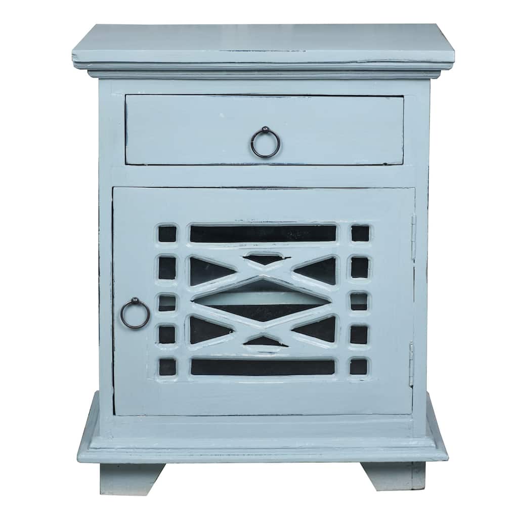 Solid Wood Side Table - Nightstand Accent Cabinet - Fully Assembled - Beach Blue Finish - 26