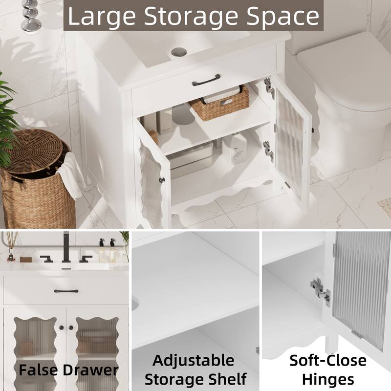 Bathroom Vanity with Sink, Bathroom Cabinet with Tempered Glass Doors & Adjustable Shelves, Wood Bathroom Storage Cabinet