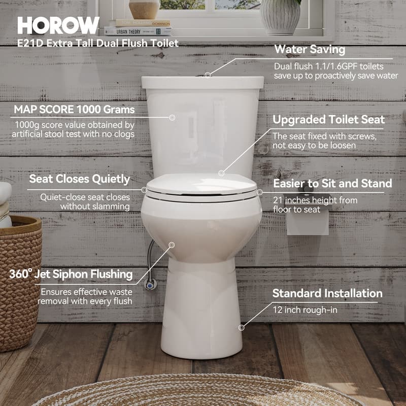 HOROW 21 in. Extra Tall 2-Piece 1.28 GPF Elongated Toilet in White with Comfortable Chair Height Seat and 1000g Powerful Flush