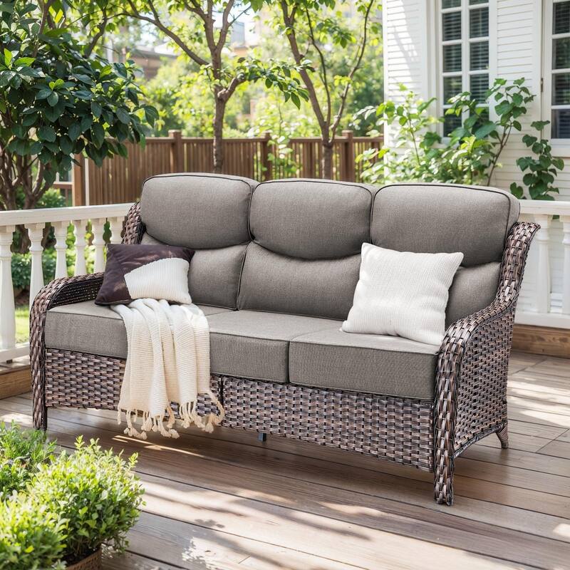 Outdoor Wicker Sofa PE Rattan Patio Couch Sofa - 3-Seat Sofa - Brown Rattan - Grey Cushion