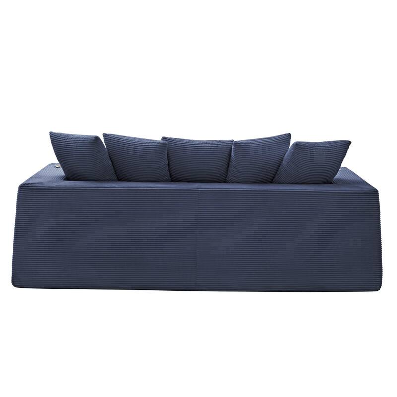 Modern Convertible Loveseat Sofa Bed, Corduroy Fabric Foldable Floor Couch w/5 Pillows, Side Pockets & Cup Holders, No Assembly