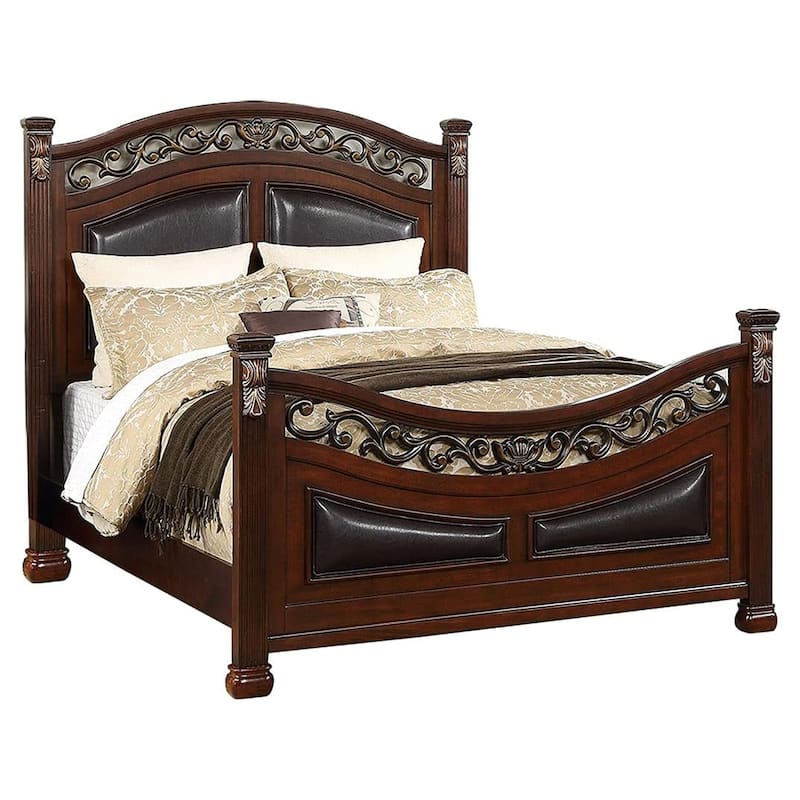Meo King Size Bed, Padded Carved Dark Brown Faux Leather Upholstered