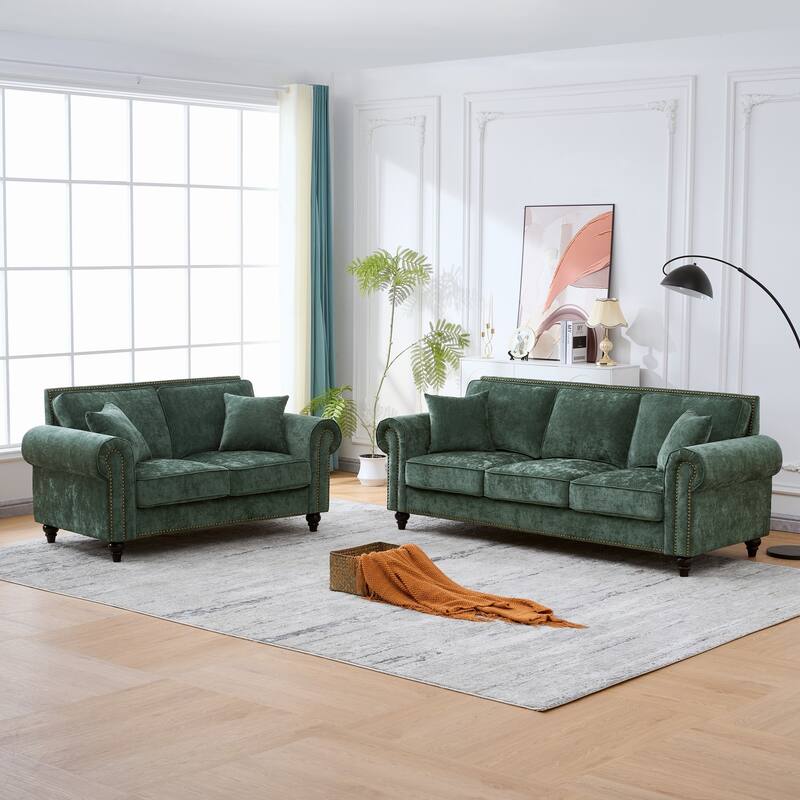 Modern Rolled Arm Chenille Sofa, 2-Seater Green Couch with Nailhead Trim, for Living and Room Apartment