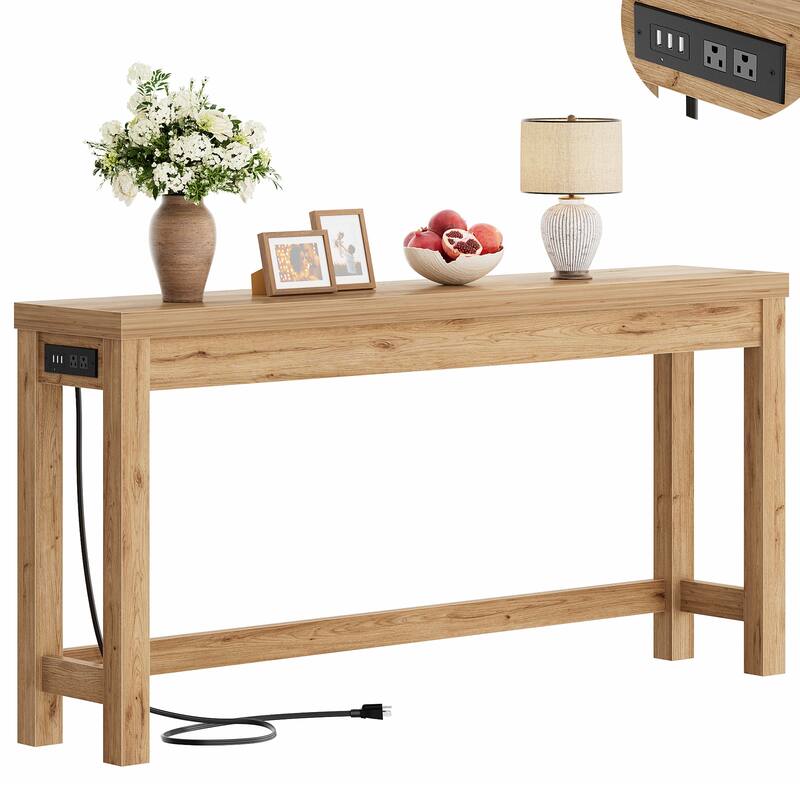 63-In Console Table with Charging Station, Farmhouse Entryway Table/ Behind Couch Table