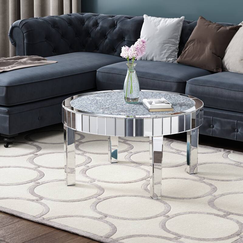 Modern Mirror Glass Round Coffee Table with Crushed Diamond