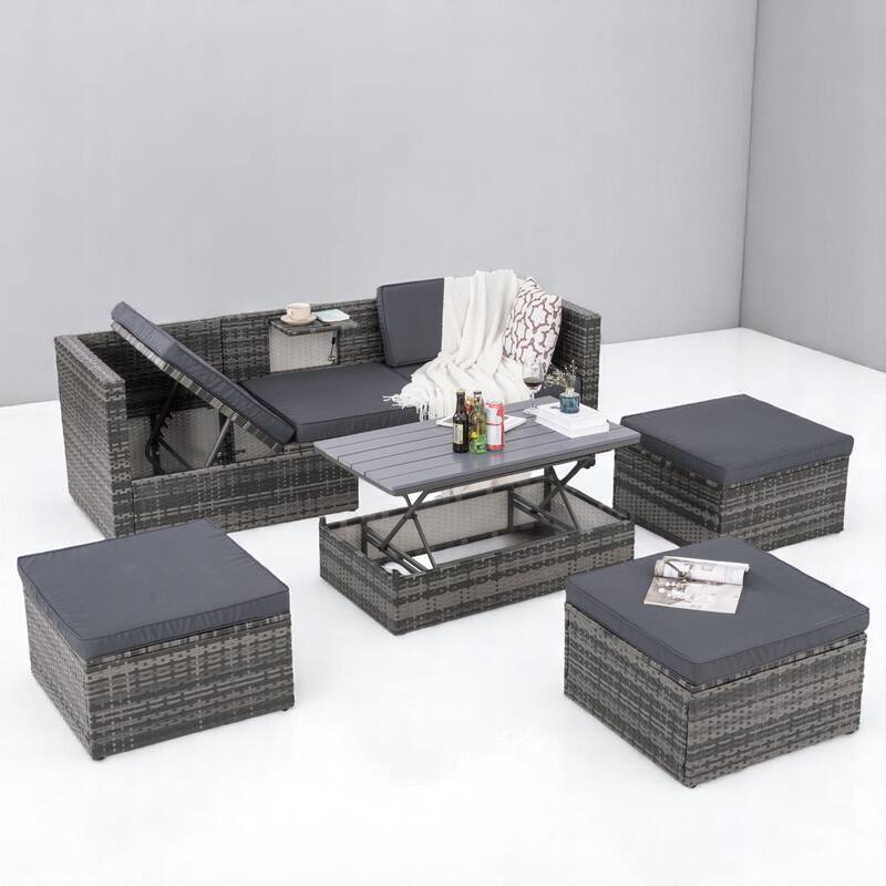 7-Piece Outdoor Rattan Patio Furniture Set, Black PE Wicker Sectional Sofa with Blue Cushions, Tempered Glass Table - Blue