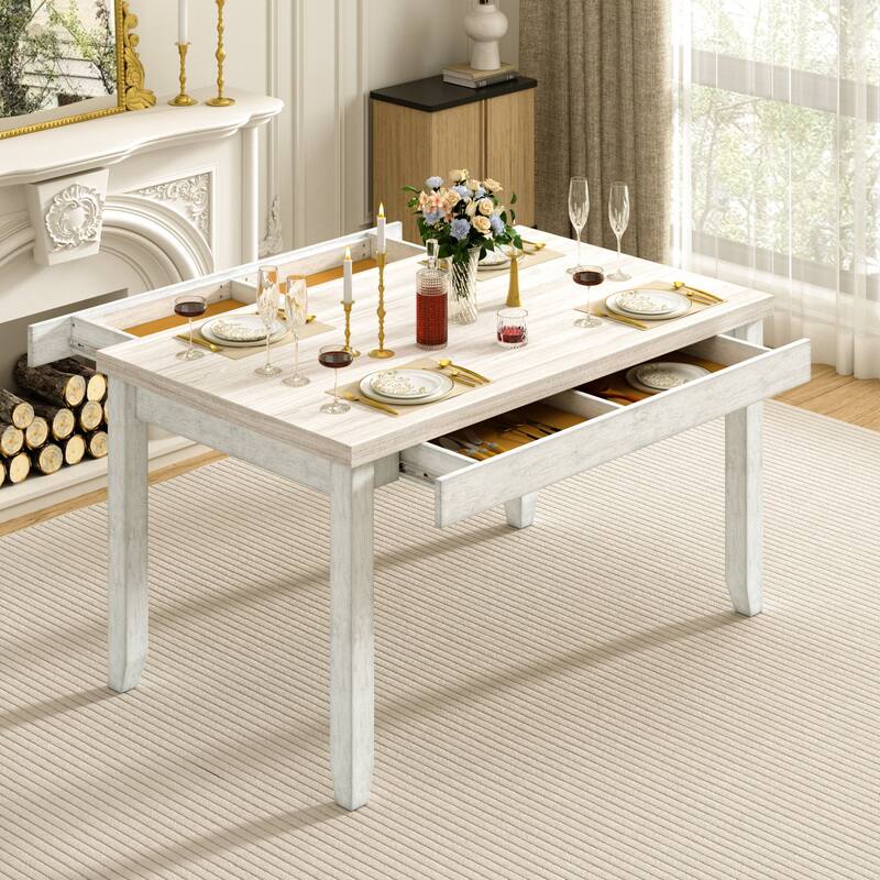 Javlergo 60-inch Modern Rectangular Solid Wood Dining Table with 4 Drawer Spaces - Oak