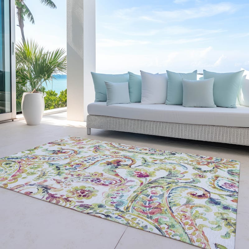 Machine Washable Indoor/ Outdoor Chantille Traditional Scroll Rug - Ivory - 3' x 5'