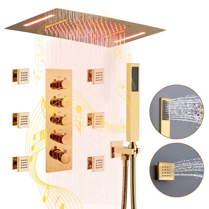 Luxury 4-Spray Patterns 23 in. Ceiling Mount Shower System with Handheld Shower Head, 6 Body Jets, LED, and Music - 15" x 23" - Brushed Gold