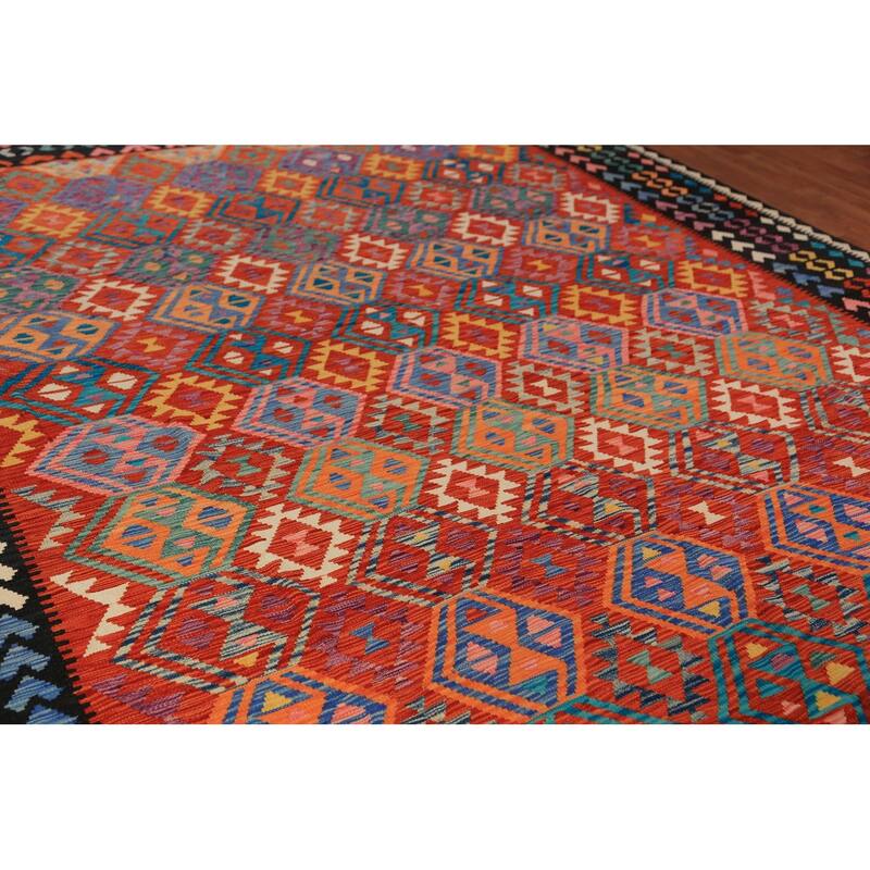 Reversible Kilim Oriental Area Rug Hand-Woven Orange Wool Carpet - 9'8"x 13'0"