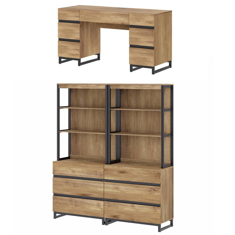 59In Modern Executive Desk With Charging Station & Drawers And 2 PCS 72In Tall BookcasesFor Living Room, Bedroom