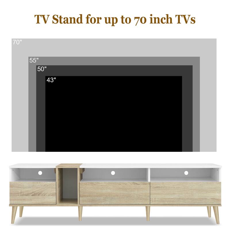 White+Natural TV Stand with 3 Drawers and Open Shelves, Media Console Table for TVs up to 80", Living Room Entertainment Center