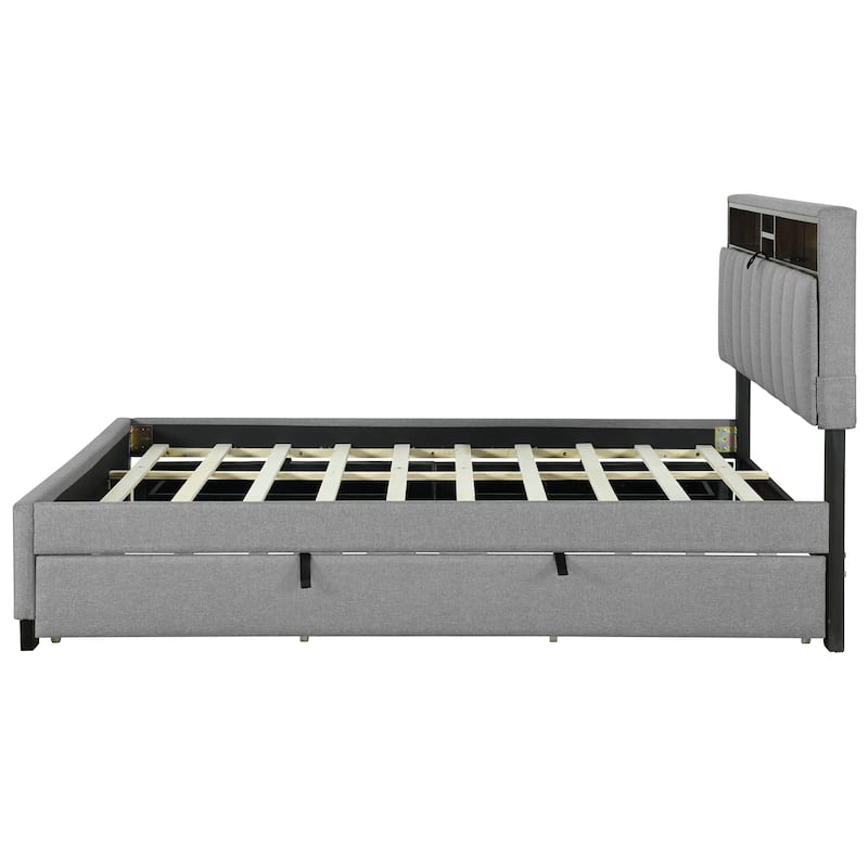 Queen Size Upholstered Platform Bed with Storage Headboard,Twin XL Size Trundle and 2 drawers