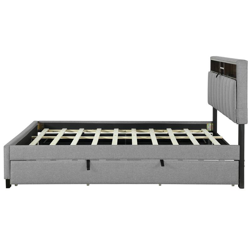 Roomfitters Queen Upholstered Platform Bed with Storage Headboard, Twin XL Trundle, Drawers, USB Ports and Outlets, Grey