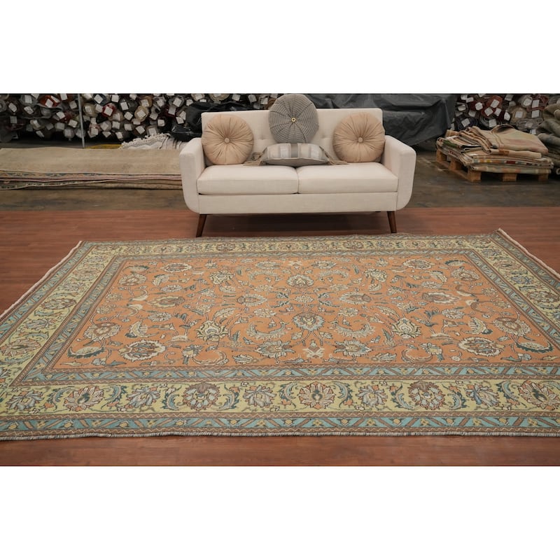 Hand Knotted Oriental 100% Wool Carpet Traditional Floral Oranges & Rust Tabriz Area Rug - 10' 0'' X 7' 2''