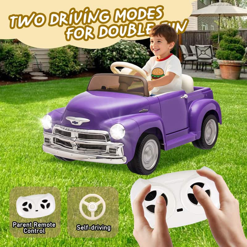 12V Licensed Chevrolet 3100 Pickup Kids Electric Ride-On Car with Remote Control, Ages 3+ - Purple