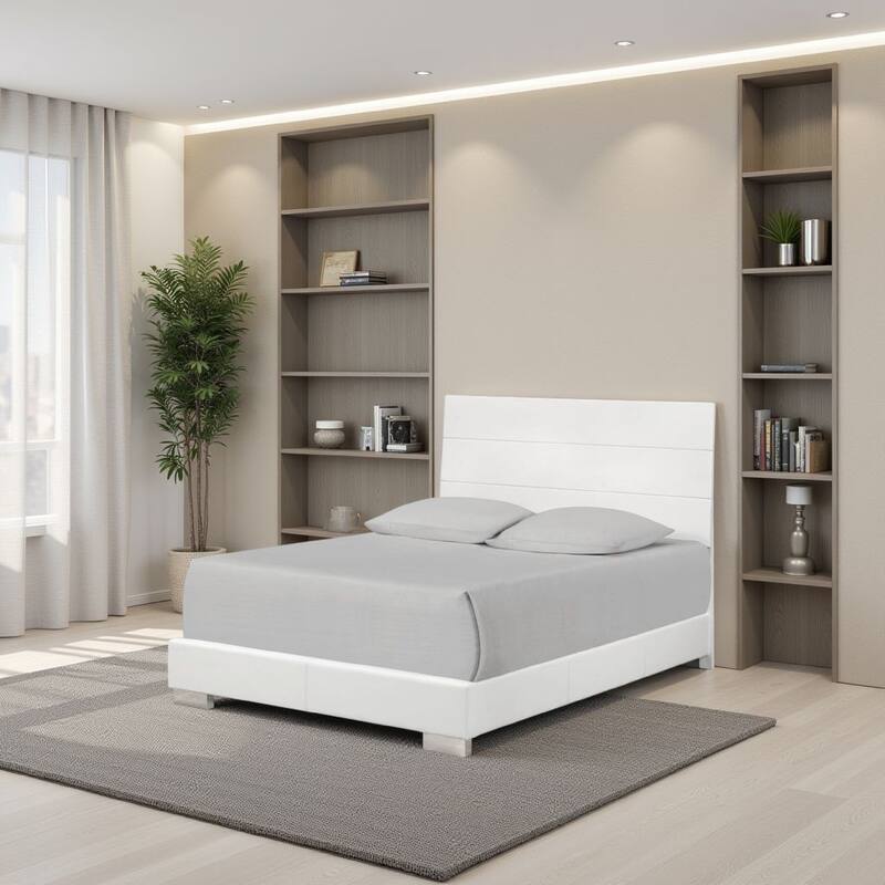 Wooden Queen Size Bed with Plank Style Headboard, White