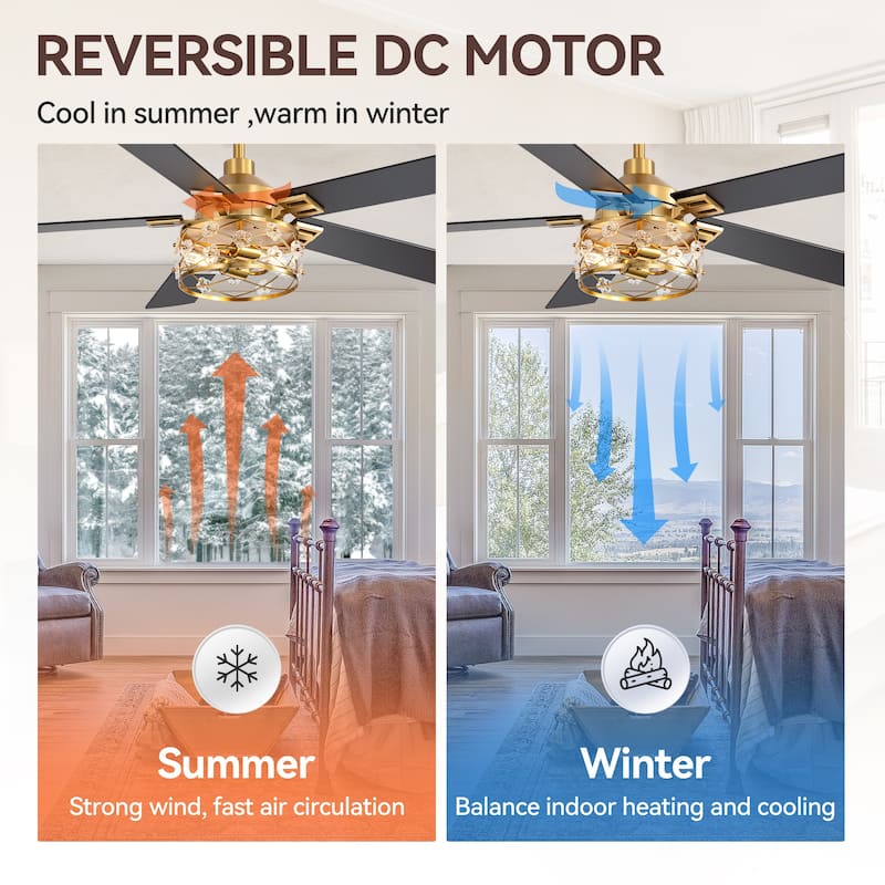 52" Reversible 5-Blade Farmhouse Glam Floral Glass Caged Ceiling Fan with Light and Remote
