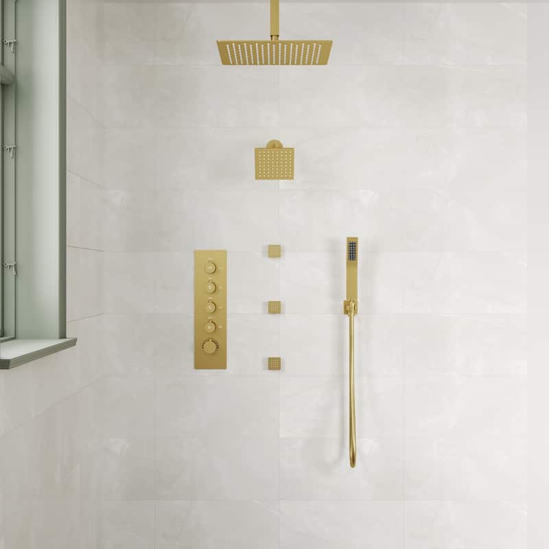 Dual Heads 16" Rainfall & High Pressure 6" Shower Head 3 Way Thermostatic Faucet System w/ 3 Body Jets