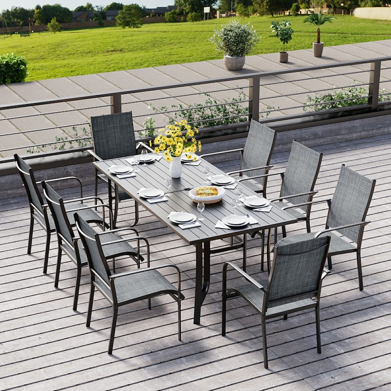 5/7/9-Piece Outdoor Patio Dining Set with Stackable Textilene Chairs and Slatted Table, Furniture with Adjustable Umbrella Hole - 9 Piece - Grey
