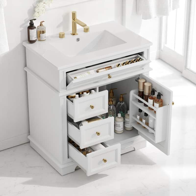 30 Inch Freestanding Vanity with Ceramic Sink, 1 Door, 4 Drawers, Door Shelf, Painted Wood Cabinet