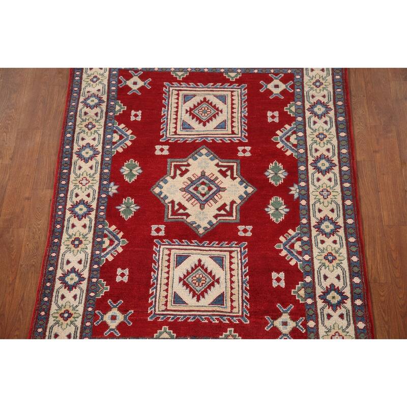 Geometric Red Kazak Oriental Accent Rug Handmade Wool Carpet - 3'3"x 4'6"