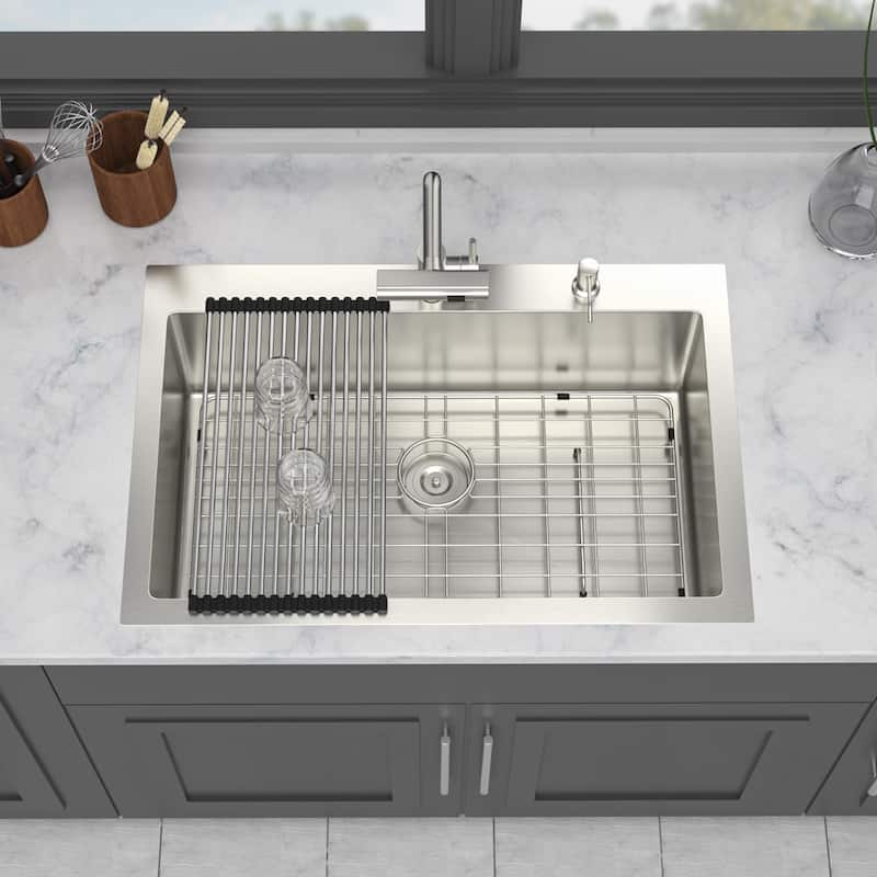Drop-in Single Bowl 16 Gauge Stainless Steel Kitchen Sink with Pull-Out Faucet in Brushed Nickel