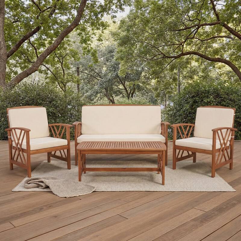 SAFAVIEH Outdoor Nayely 4-Piece Acacia Solid Wood Conversation Patio Set - 47W x 33D x 26H - Natural/Beige
