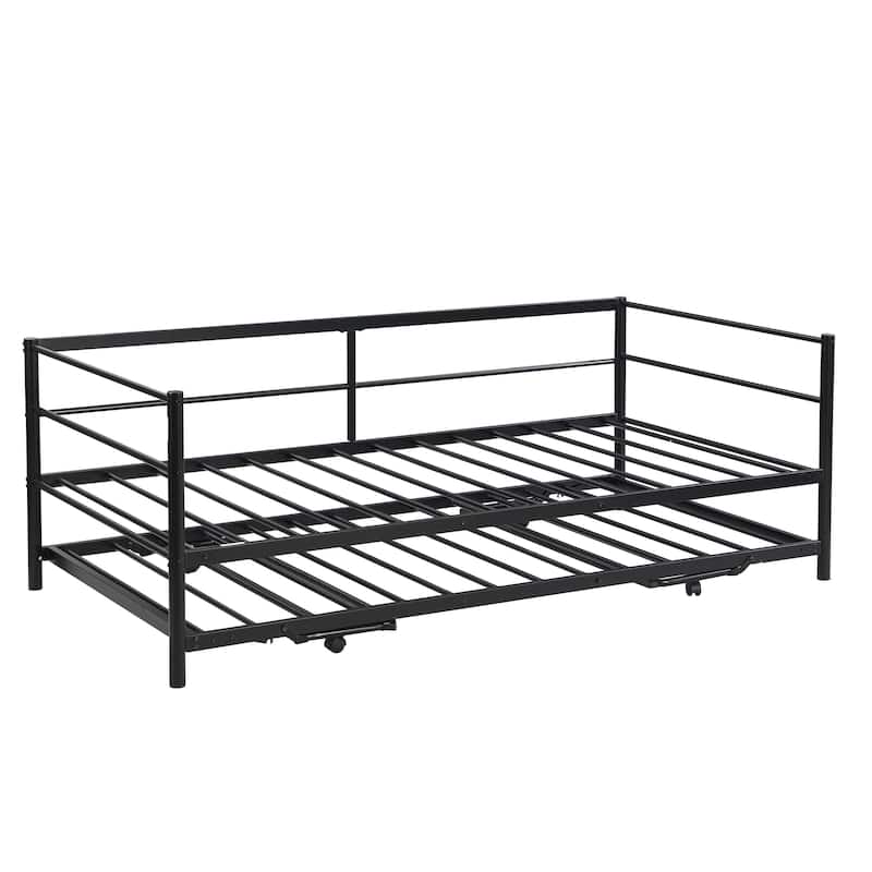 Twin Size Metal Daybed With Adjustable Trundle, Pop Up Trundle