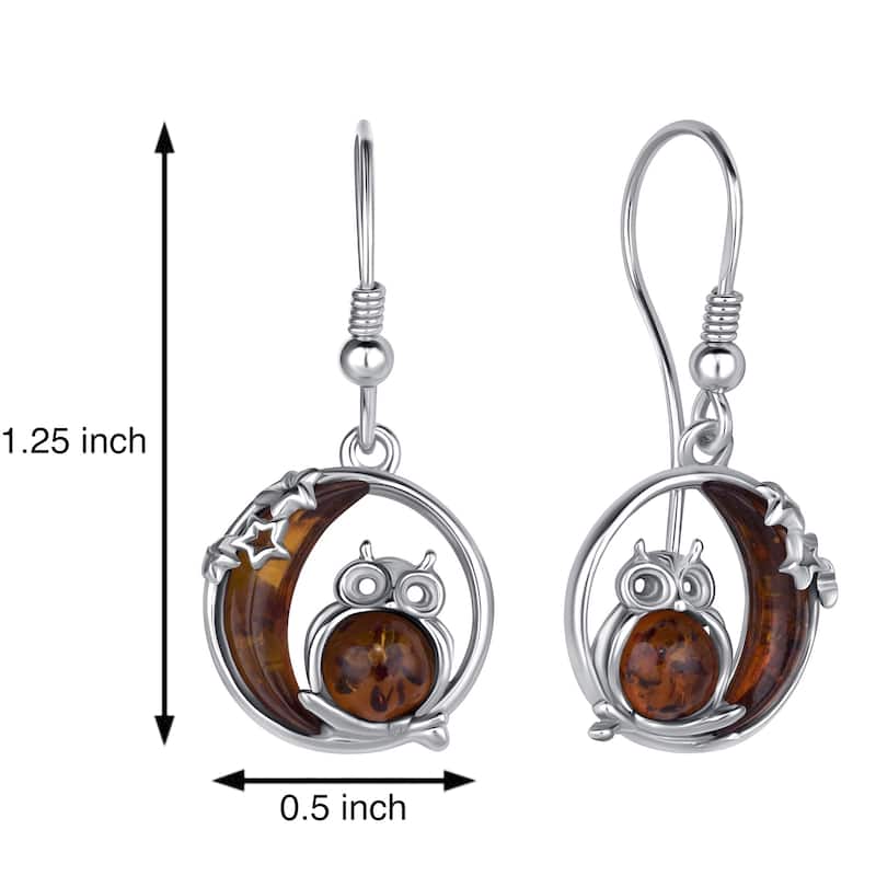 Baltic Amber Owl and Moon Earrings Fishhook in Sterling Silver