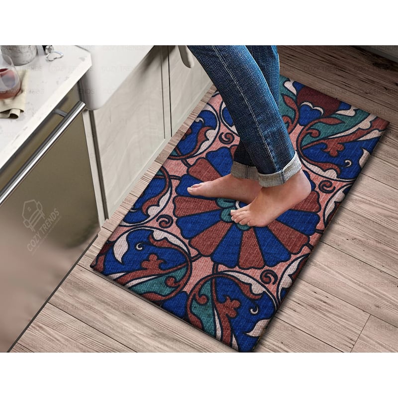 Handwoven Anti Fatigue Cushioned Standing Cotton Doormat/Bathroom/ Kitchen Mat 18"x30" - BLUE/RUST