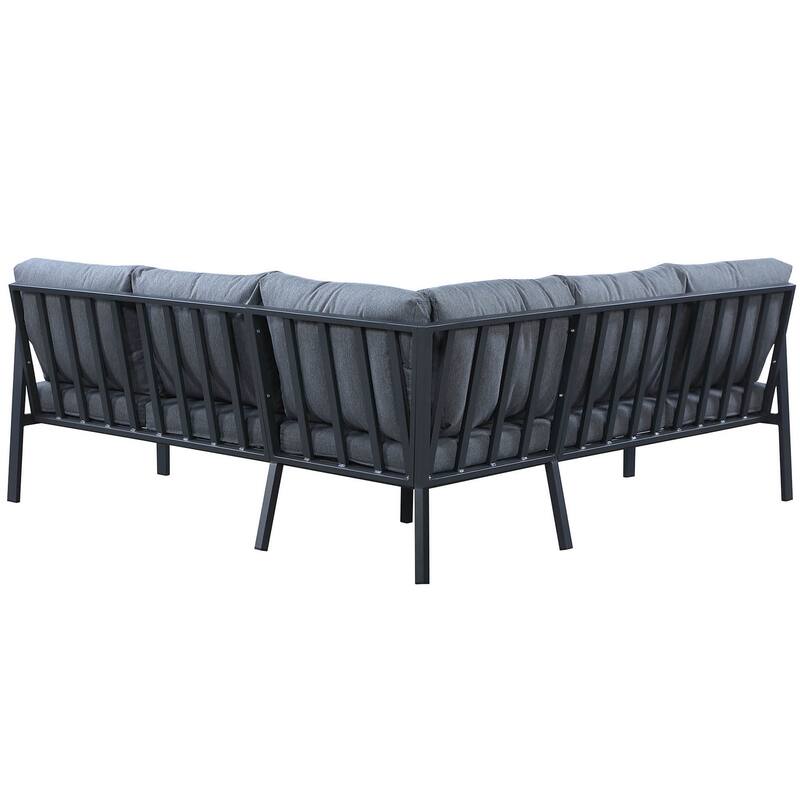 4 Piece Teak Finished Outdoor Sectional Sofa, Matte Charcoal Aluminum Frame