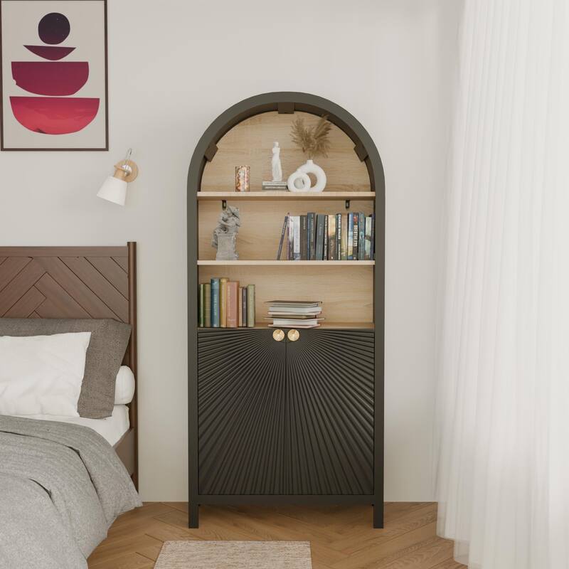61" Tall Arched Bookcase Cabinets, Wood Bookcase with Storage, Mid-Century Modern 5-Tier Bookshelf with Door, Open Shelves