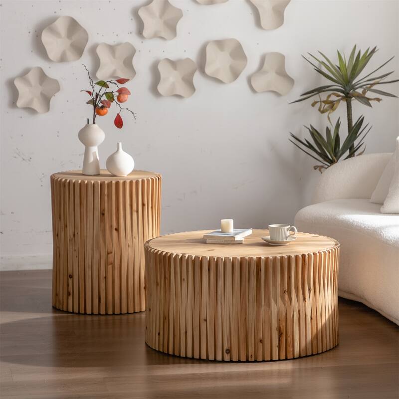 2-Piece Cylindrical Coffee Table Set with Vertical Texture Relief