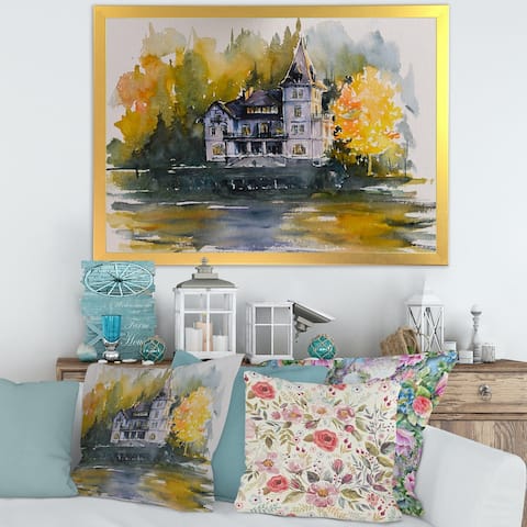 Designart 'Castle By The Lake With Autumn Trees' Lake House Framed Art Print