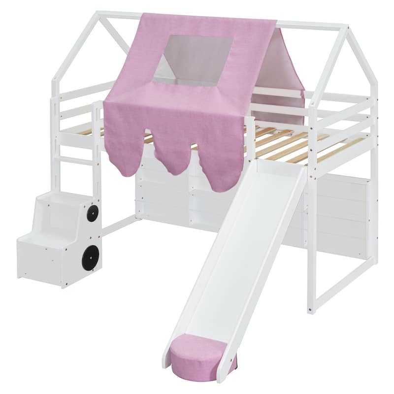 Twin Wooden Loft Bed with House Frame Slide Ladder and Storage Shelves