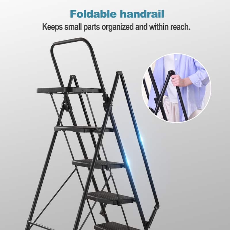 Folding step stool with bandwidth anti slip pedals and tool trays, lightweight and portable step stool, sturdy steps (6 levels)