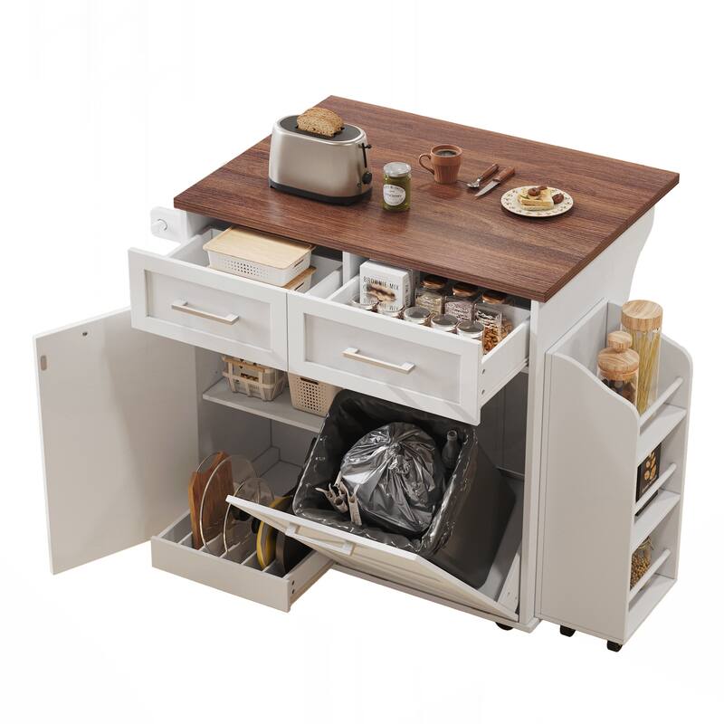Kitchen Island with Drop Leaf, Kitchen Storage Island with Removable Side Racks, Two Drawers