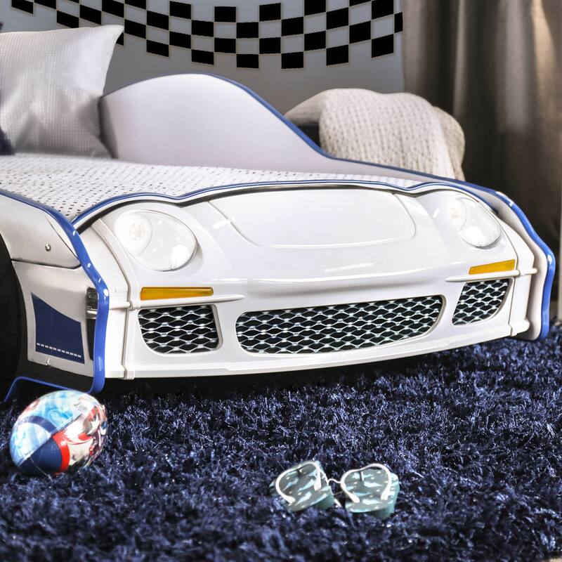 Rixi Modern White Chrome Wheel Car Kids Bed by Furniture of America