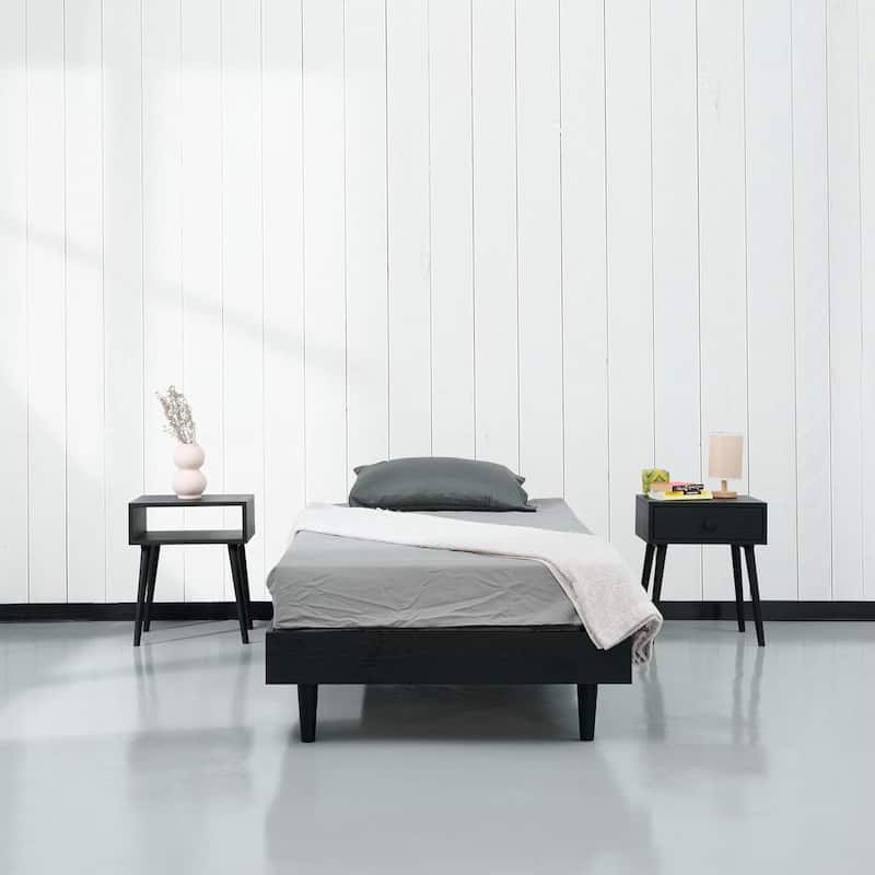 Twin Size Mid Century Modern Platform Bed Frame Black Wood Finish Floating Design Silent Slats Easy Assembly